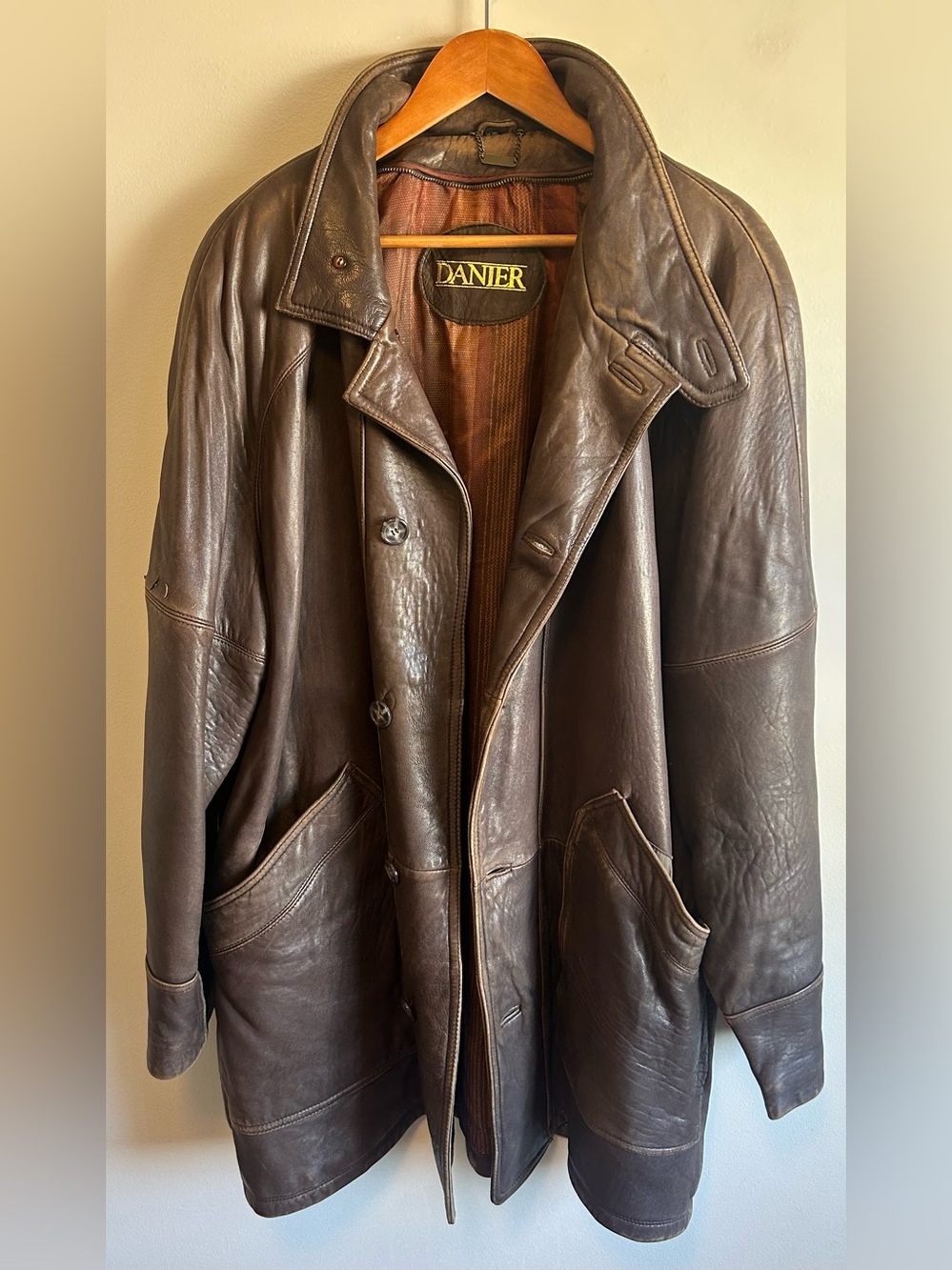 Vintage Danier Leather Peacoat Men’s XL Brown Button Up Genuine Trench Jacket